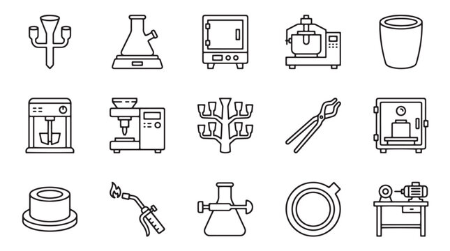 Minimalist metallurgy icon set, vector foundry and metalworking line art symbols for industrial design