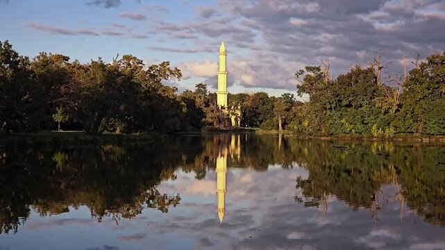 Timelapse of Lednice minaret and lake reflection at sunset