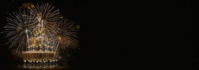 New Year banner with golden and silver fireworks, champagne glass tower pyramid, sparkling wine and golden bokeh on black night background with large empty copy space for text and greetings © ale studio 
