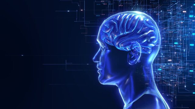 Glowing blue brain is visible inside a transparent head profile, particles, circuit lines numerical data around it. background leaves space on the left, creating a detailed digital mind technology.