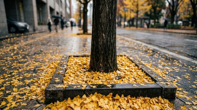 A close-up view shows a tree trunk surrounded by yellow fallen leaves gutter on a wet city street, with pedestrians walking in the blurred background during autumn