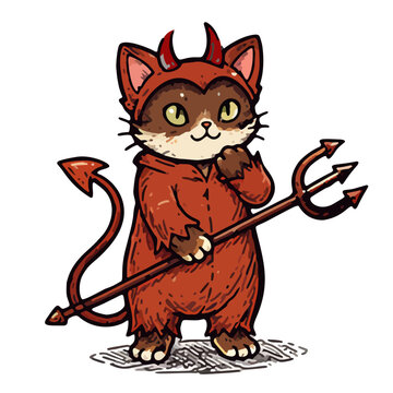 Mischievous Cat Dressed as a Little Devil with Pitchfork