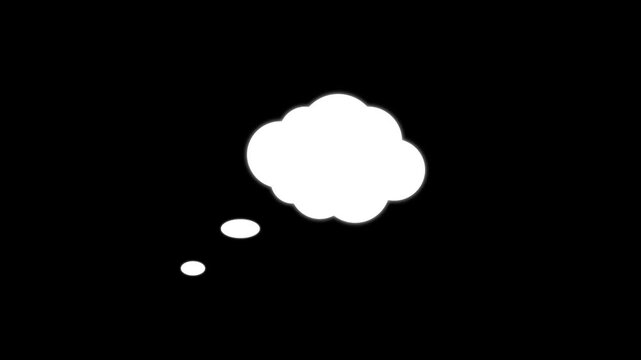 Thought bubble animation on Alpha channel, minimalist comic cloud motion graphic, animated thinking icon. Silhouette dream bubble element, creative brainstorming concept visual with black background.