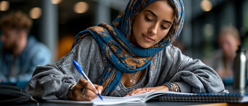 A young woman wearing a patterned headscarf writes in a notebook at a table with a blurred background.