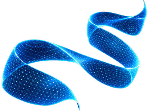 Glowing blue futuristic digital ribbon with mesh wireframe pattern and light glowing highlights isolated on transparent background