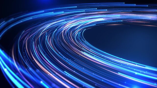 Curved neon strands glowing points abstract optical data transmission. Blue paths with warm accents connected communication channels, digital information transfer modern network infrastructure.