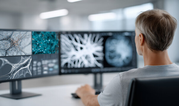 AI Researcher in Minimalist Workspace Surrounded by Machine Learning Visualizations

