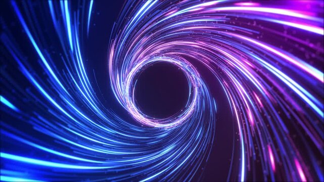 Circular opening is framed by strands arranged sweeping spiral curves. highlights give the abstract tunnel immersive portal effect, suggesting virtual energy, spatial depth cinematic fantasy setting.