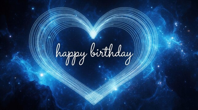 Happy birthday text written in white handwriting font inside glowing blue neon heart. Cosmic nebula background with stars, galaxy space clouds. Beautiful celebration greeting card design for