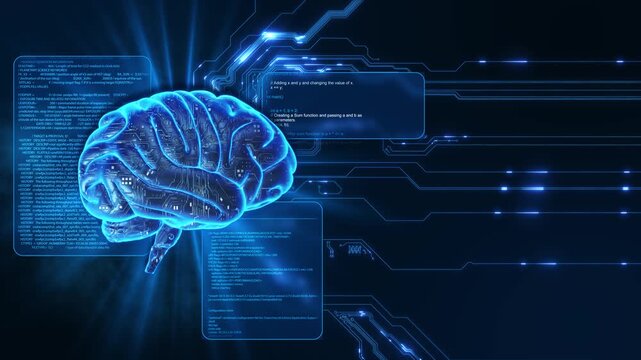 Brain with circuits beside digital code windows, luminous blue paths connection points. represents artificial intelligence, neural computing and machine learning, linking software logic synthetic mind