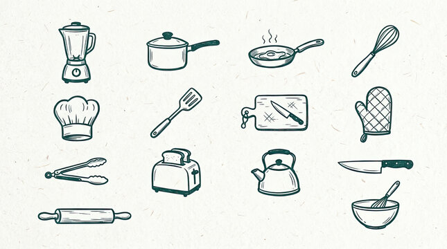 Vector drawn art kitchen utensils and culinary equipment hand drawn doodle set