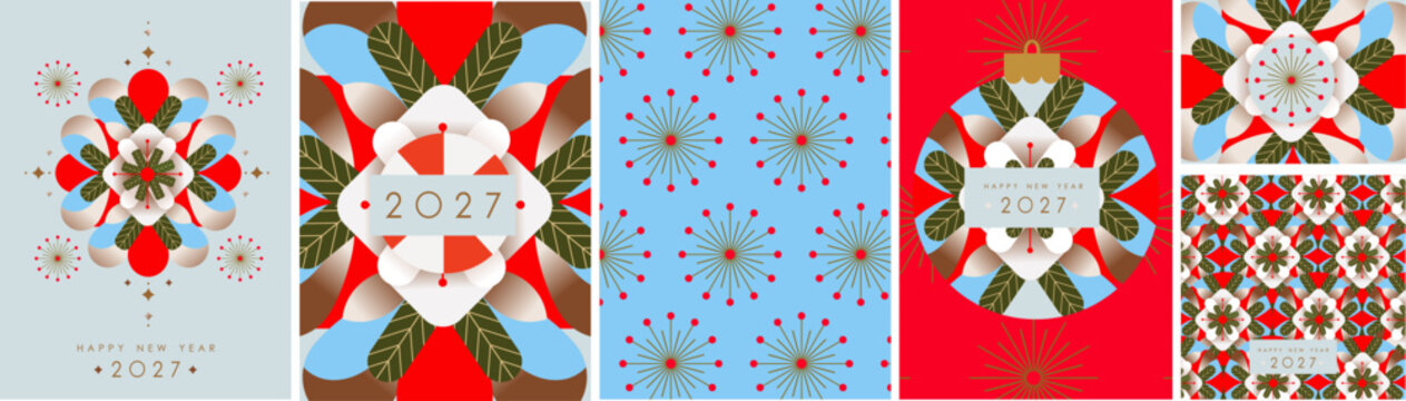 2027. Merry Christmas and Happy New Year. Vector abstract modern illustration with ornament, snowflake, Christmas ball, gradient geometric shape, pattern for greeting card, poster, banner, background 