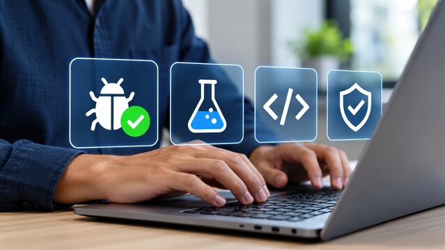 Software developer using laptop interface for cybersecurity testing and code debugging workflow automation process