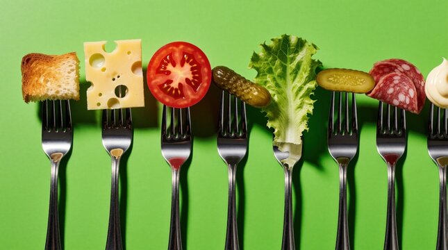 Creative food arrangement with snacks on silver forks. Row of various bites including toast, cheese, tomato, pickle, lettuce, salami, sauce. Healthy vegan diet concept on bright green background.
