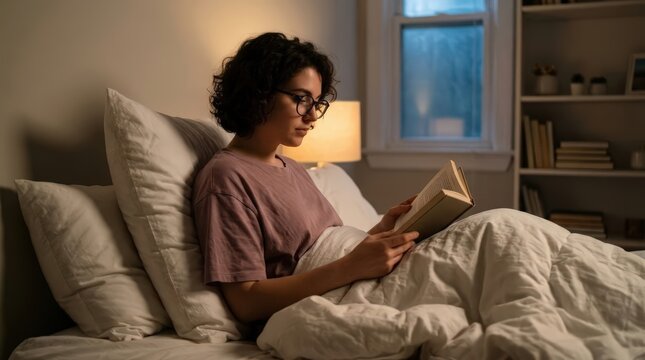 Young woman reading a book in bed at night, photo of a relaxed person wearing glasses, cozy bedroom interior with warm lamp lighting, peaceful evening routine and leisure activity