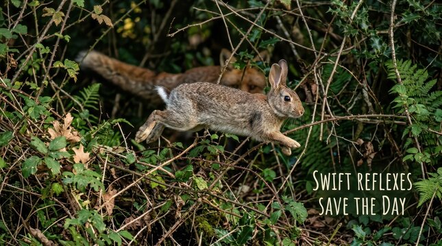 Rabbit fleeing from fox in dense green foliage, capturing a moment of survival and instinct