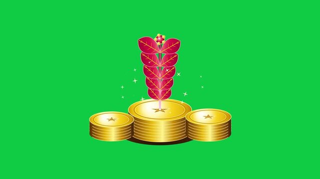 Golden winner podium with red feather award on green background for business achievement.