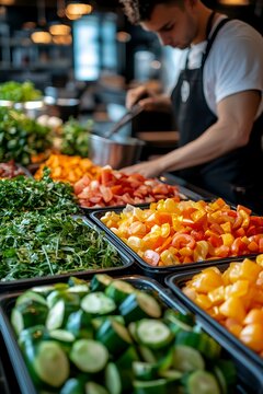 Young hispanic male chef preparing fresh vegetables in a professional kitchen