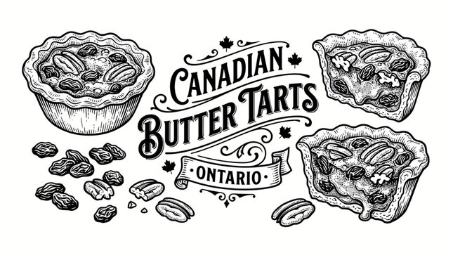 Very beautiful black and white vector dessert set featuring Canadian butter tarts with flaky pastry shells, caramel filling, raisins and pecans, CANADIAN BUTTER TARTS &bull; ONTARIO, isolated on white back