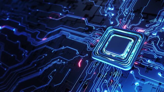 A glowing processor is linked blue circuit pathways accents dark board. The chip contacts present a semiconductor computing concept, emphasizing electronic hardware, data processing circuit design.