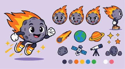 Flaming meteor character mascot with Earth and satellite icons. © ayu
