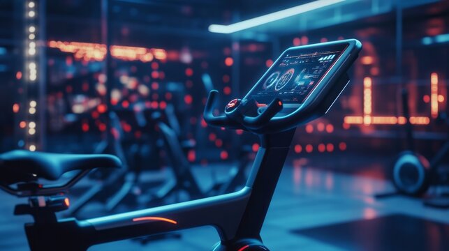Futuristic exercise bike in dark modern fitness studio with glowing wheel, smart training display cardio equipment advanced gym technology and athletic performance concept for active healthy lifestyle