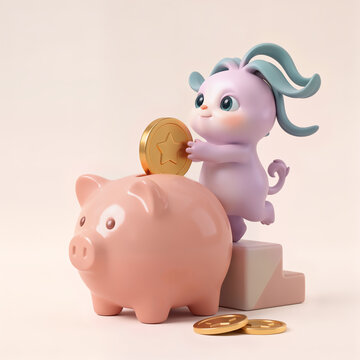3D Cartoon Mascot Character Saving a Gold Coin in a Pink Piggy Bank