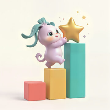 3D Cartoon Mascot Character Reaching a Gold Star on a Growth Bar Chart