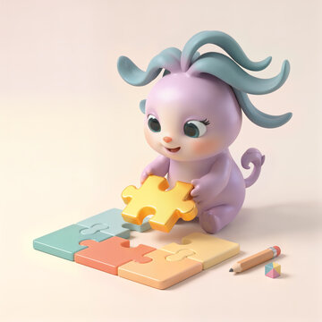 3D Cartoon Mascot Character Placing the Final Gold Puzzle Piece