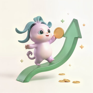 3D Cartoon Mascot Character Riding a Green Growth Arrow with a Gold Coin