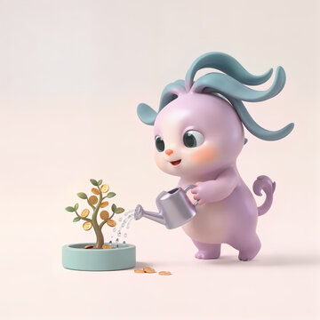 3D Cartoon Mascot Character Watering a Money Tree with Gold Coins
