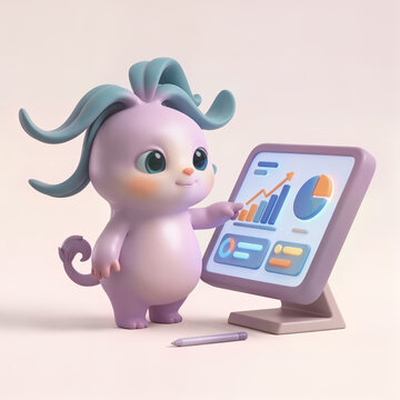 3D Cartoon Mascot Character Presenting Financial Data on a Digital Dashboard