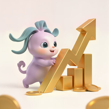 3D Cartoon Mascot Character Pushing a Golden Growth Arrow and Bar Chart