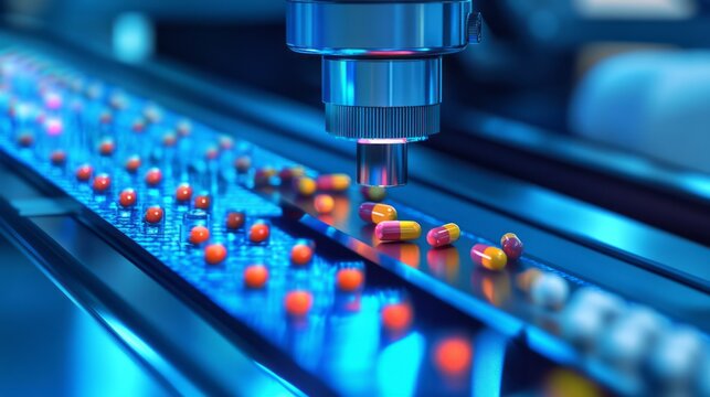 Colorful tablets on automated factory line beneath robotic dispenser illustrating advanced pharmaceutical manufacturing drug production precision engineering and healthcare innovation technology today