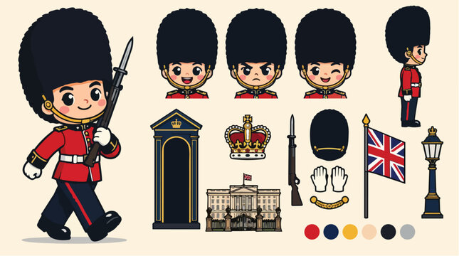 British Royal Guard character kit with London landmarks.