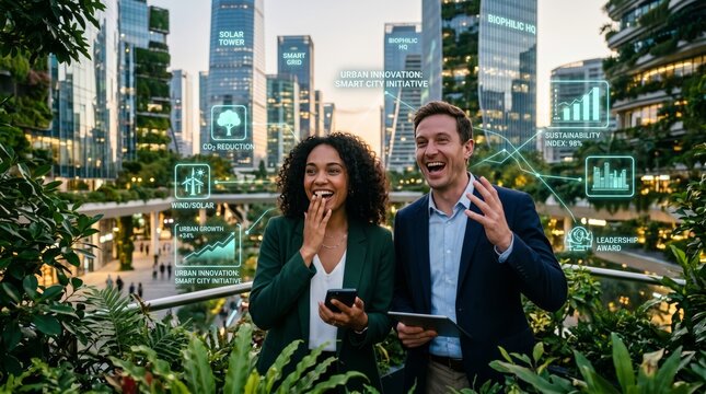 Business team standing in futuristic green city with holographic environmental symbols sustainable architecture corporate collaboration clean energy innovation urban planning professional lifestyle