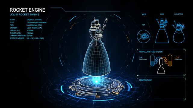 Futuristic 3D interface featuring a liquid rocket engine with propulsion data, thrust curves, combustion chamber, propellant systems, temperature readings and technical schematics.