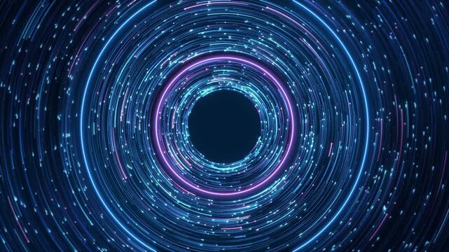Luminous circular portal blue particle trails, halo, central opening. Nested rings futuristic sense of depth, abstract tunnel design suitable for technology backgrounds, visual effects, sci-fi media.