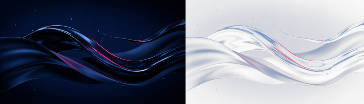 Abstract flowing liquid waves in dark blue and light silver colors, 3d render of glossy fluid motion, elegant background for design projects isolated on transparent background