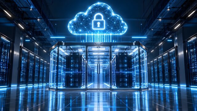 Secure server room data center with a locked protective cage and a glowing neon cloud padlock icon representing cybersecurity and safe digital data storage.