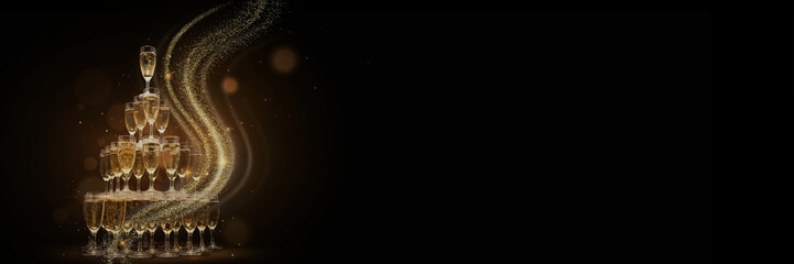 New Year banner with champagne glass tower pyramid, sparkling wine, swirling golden glitter wave and warm golden bokeh on black background with very large empty copy space for text and greetings © ale studio 