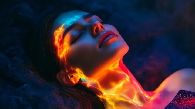 Beautiful woman lying peacefully with glowing neon light across face and neck futuristic beauty portrait with luminous skin calm wellness mood radiant makeup aesthetic dreamy modern skincare visual