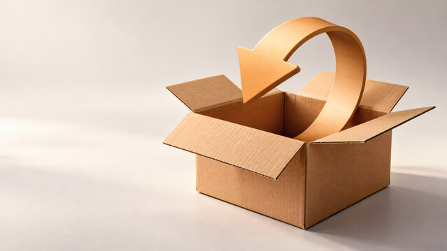 Open cardboard box with curved return arrow representing product returns reverse logistics ecommerce refund policy circular economy and packaging fulfillment metaphor