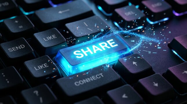 Glowing share keyboard key surrounded by dark computer buttons in cyber neon light symbolizing online content distribution social media promotion digital networking and modern communication technology
