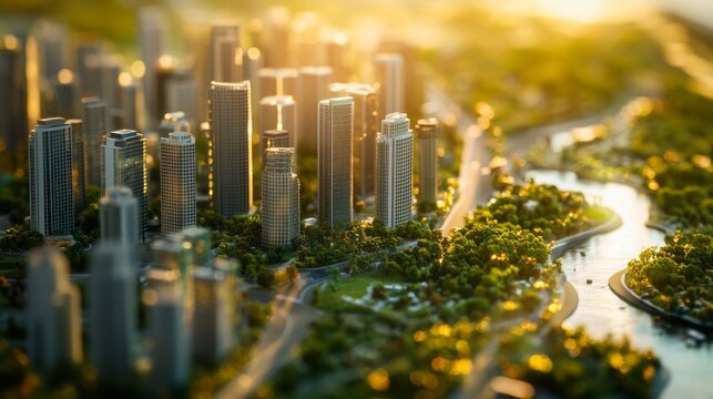 Detailed architectural model of modern green city with tall skyscrapers parks roads and river at sunset showing urban planning sustainable development real estate investment and smart community growth
