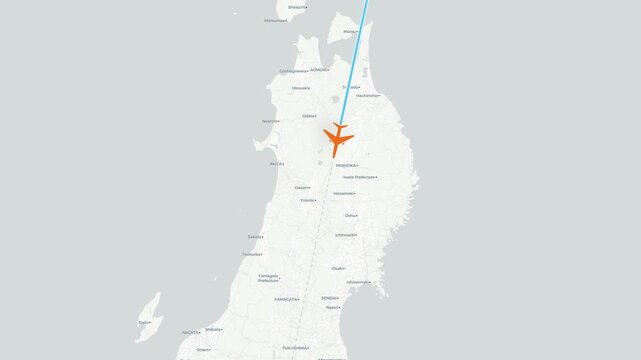 Flight Route Map from Sapporo to Tokyo with Airplane Flying Clean 4K Animation