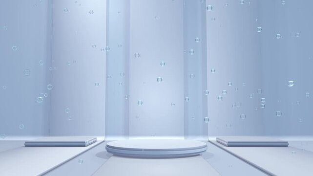 Empty display stage bubbles offers fresh backdrop for skincare, beauty, cosmetic product presentations. circular podium, square platforms, pale panels, lighting leave room packaging, products, text.