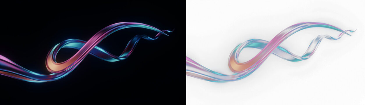 Abstract 3d render of a flowing iridescent ribbon with a metallic gradient, featuring elegant curves and a glossy finish, isolated on transparent background