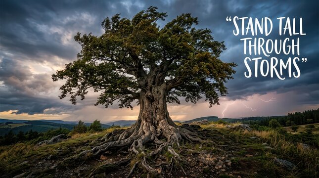 Resilient ancient tree standing tall on a hill against a dramatic stormy sky with lightning