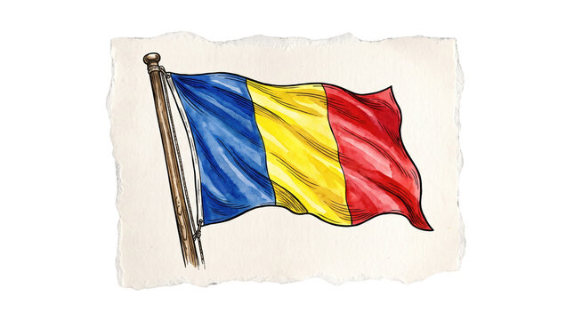 Artistic watercolor and ink sketch of the Romanian national flag with paint splatters